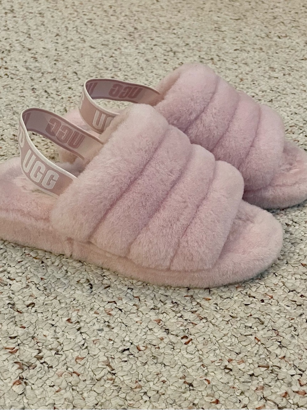 UGG Pink Fluff Slide Sandals with Logo Back Strap